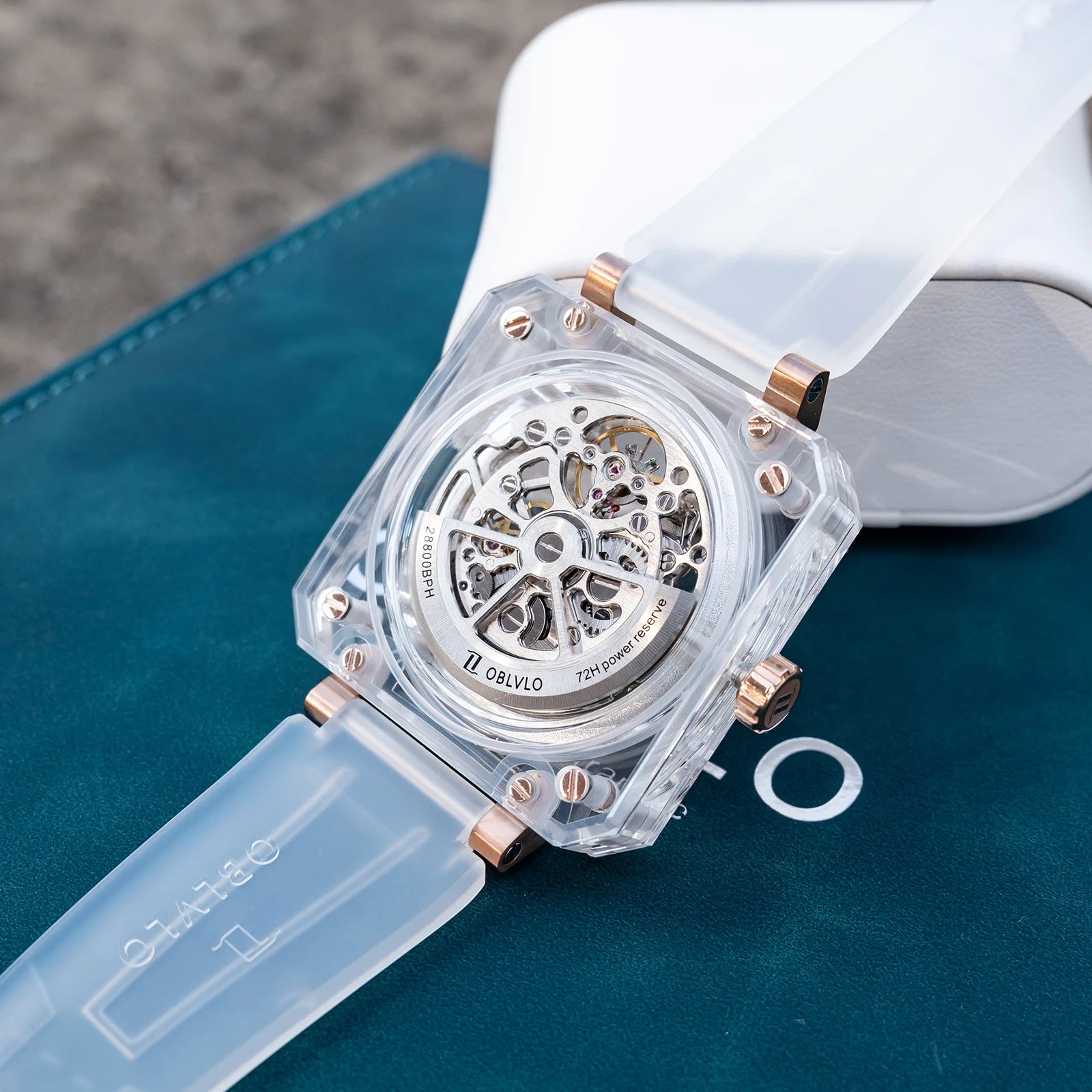 OBLVLO Men Automatic Watch Square Acrylic Case Mechanical Wristwatch 5ATM Waterproof Sapphire Luminous Skeleton Dial 1A00 Mov.