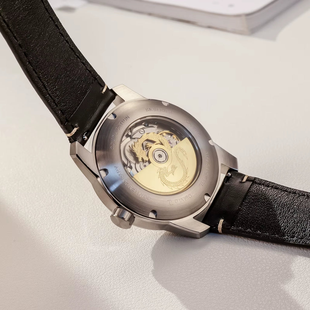 OBLVLO Men'S Double Wheels Dial Leather Mechanical Watch Luxury Green Dragon Luminous Waterproof Men'S Automatic Watch JM-DRAGON