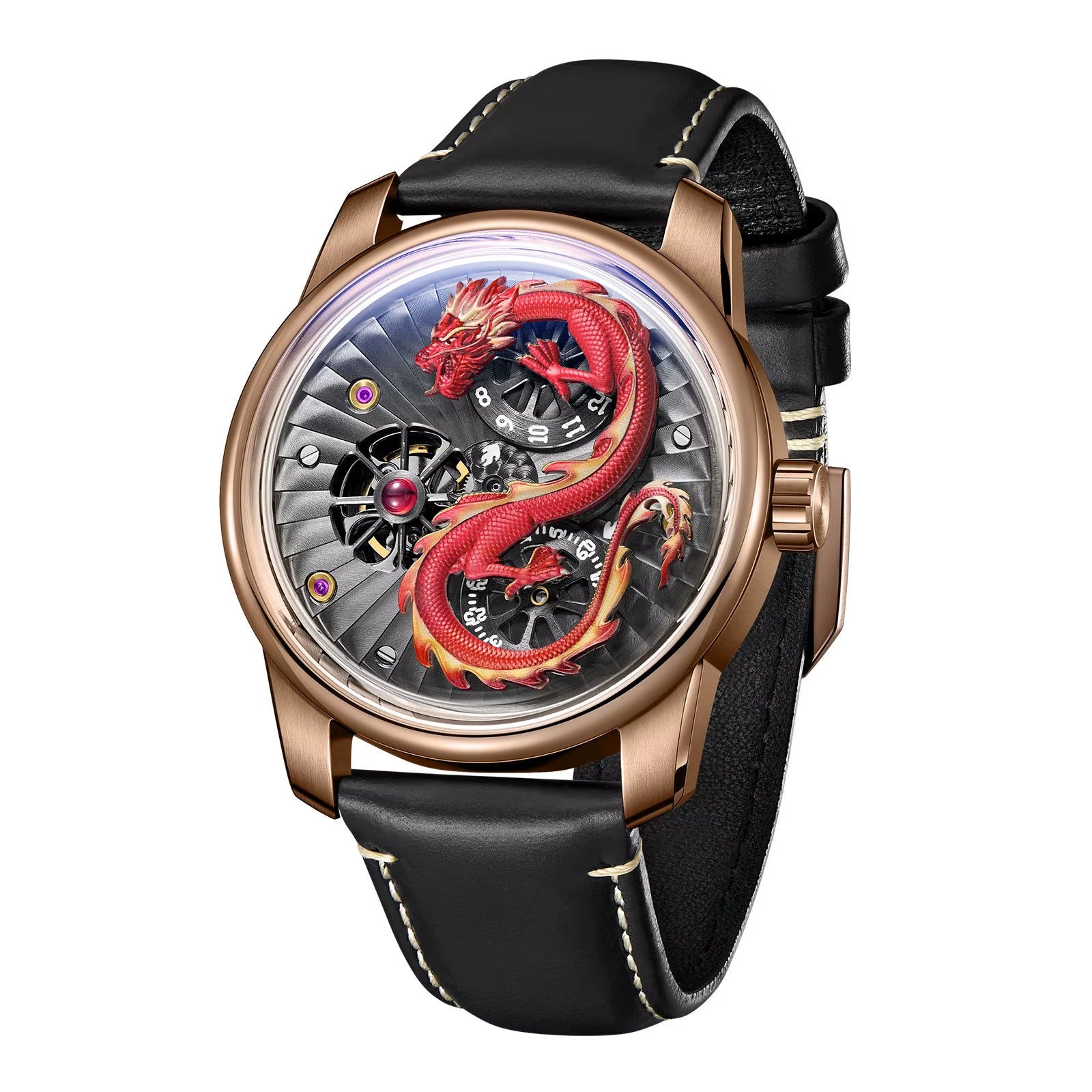 OBLVLO Men'S Double Wheels Dial Leather Mechanical Watch Luxury Green Dragon Luminous Waterproof Men'S Automatic Watch JM-DRAGON